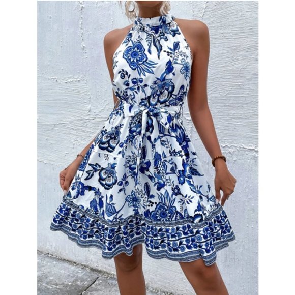 . Dresses & Skirts - Blue And White Boho Womens Floral Print Belted Halter Dress